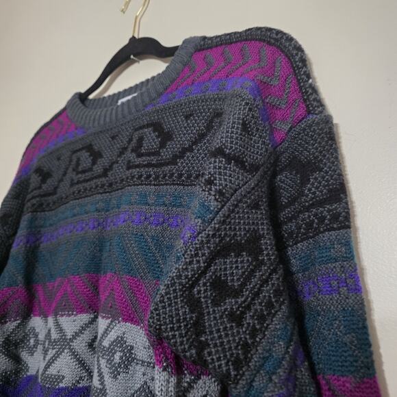 Vintage Geometric 3D Knit Cosby Sweater Mens M Purple 90s Wool Blend Faurl Isle - Picture 3 of 9